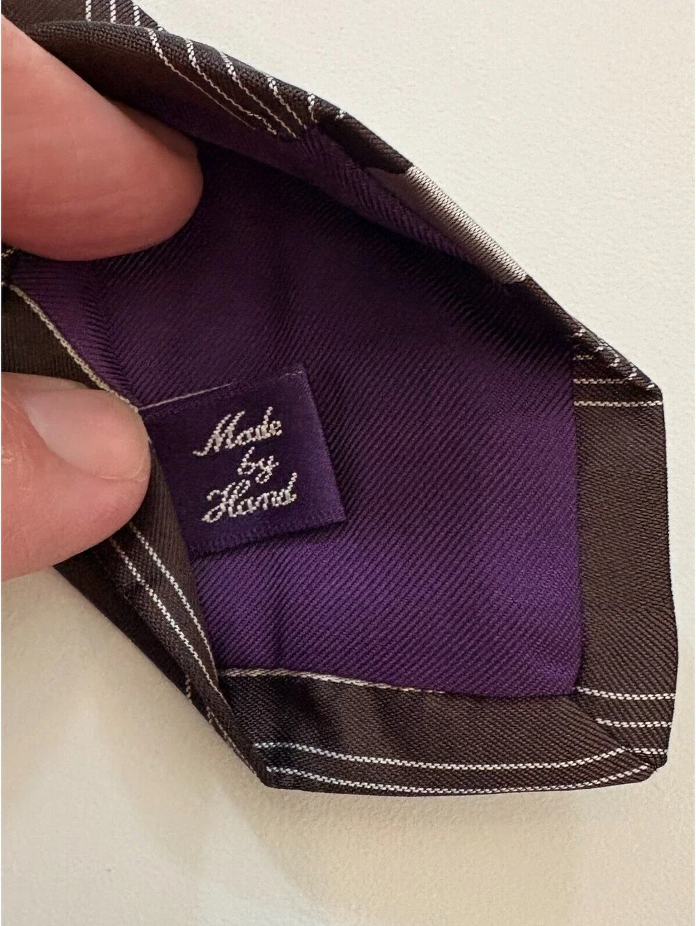 Ralph Lauren Purple Label Silk Necktie Brown Silver Striped England Hand Made